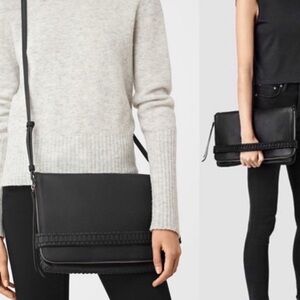 All Saints Club genuine leather convertible crossbody clutch bag black medium